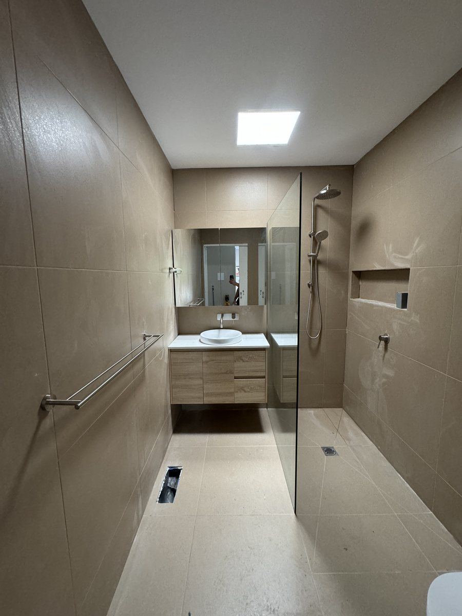 Accessible bathroom renovation with grab rail and skylight