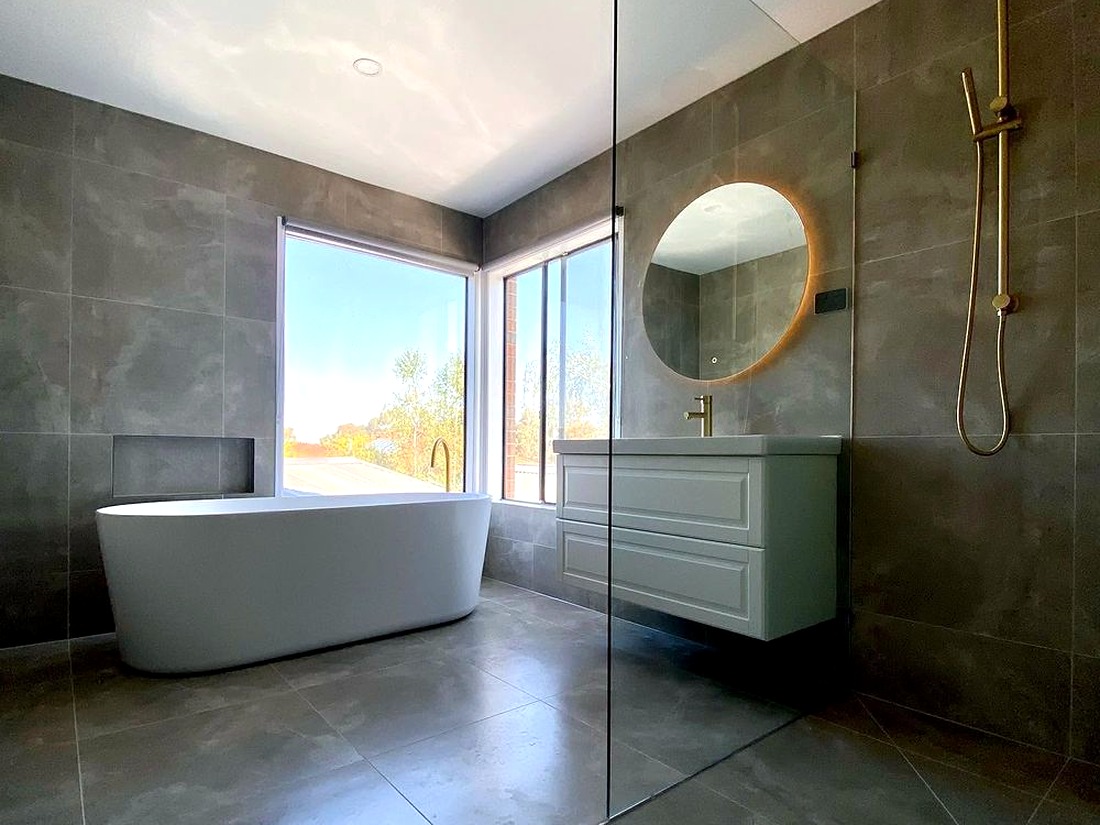 Bathroom renovation with freestanding bath and floating vanity, Melbourne