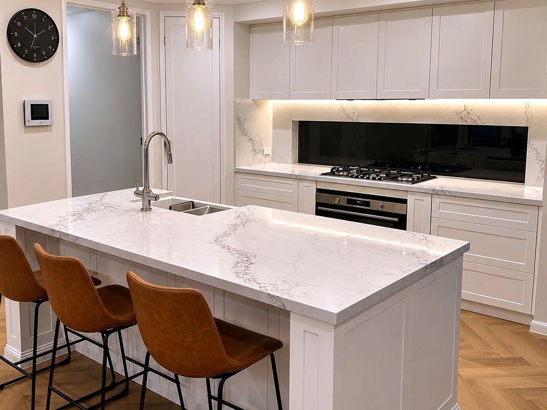 Kitchen renovation with marble waterfall island and pendant lighting, Melbourne